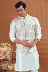 Light Sky Blue Silk Embroidered Kurta Pajama Set with Jacket